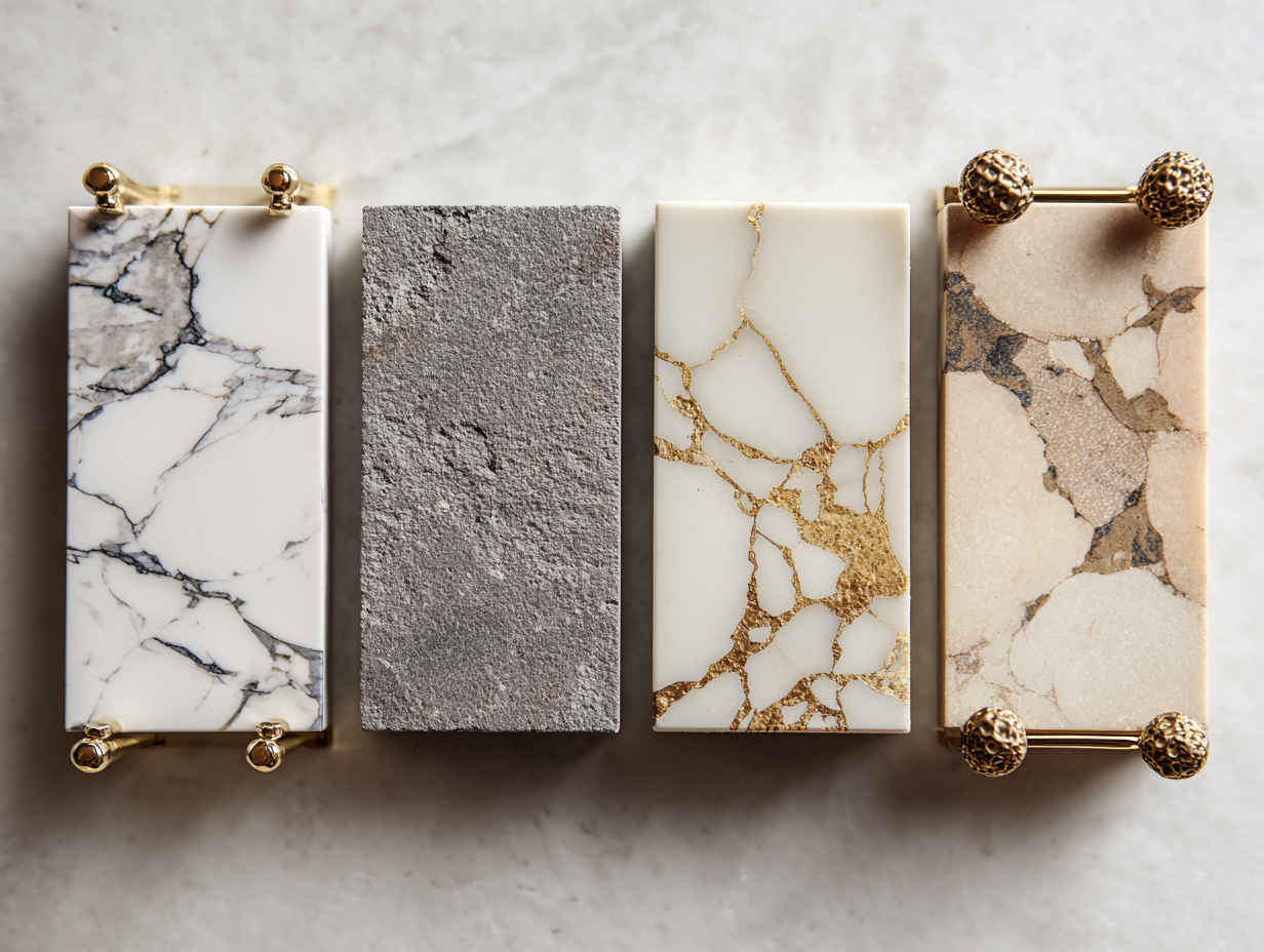 Quartz color samplesâCalacatta, concrete gray, warm beige and goldâveined slabs on a stone surface.