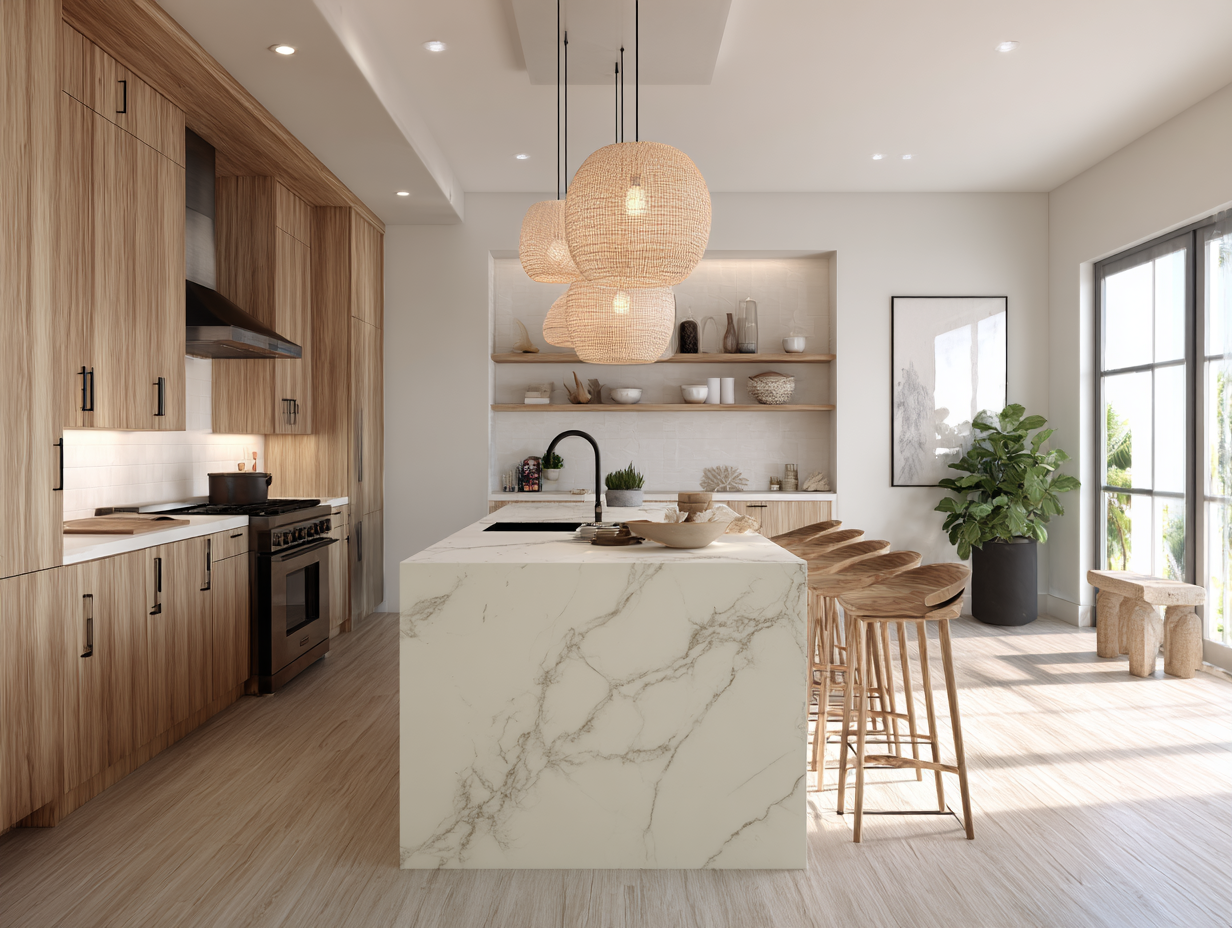 White Quartz Cabinets with Coastal Decor