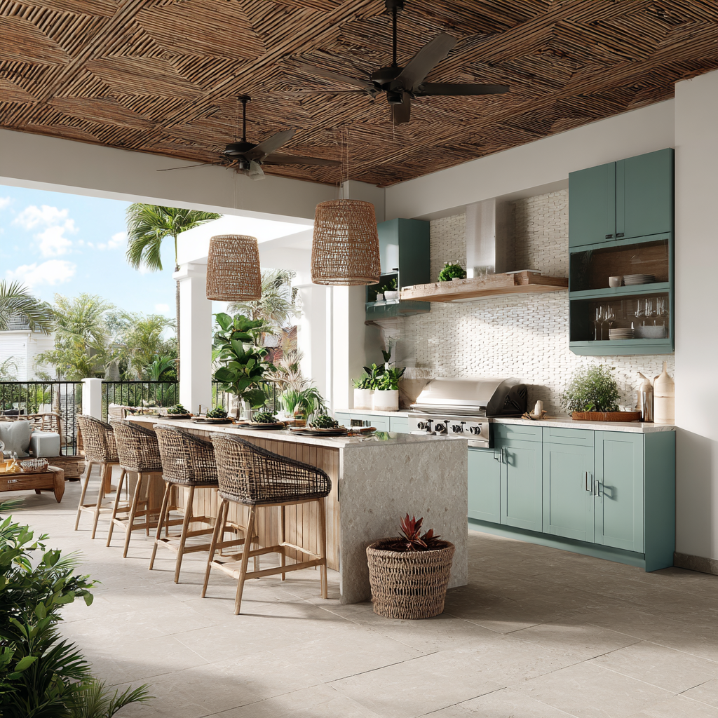 Outdoor kitchen with quartz countertops, wicker seating, teal cabinets, and tropical decor.