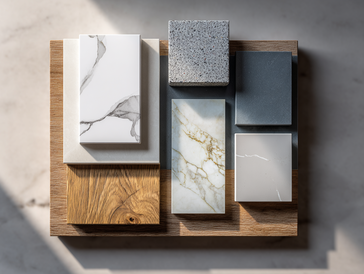 Assorted quartz samplesâveined whites, warm neutrals, charcoalsâused to compare colors, pricing groups, and finishes for countertops.