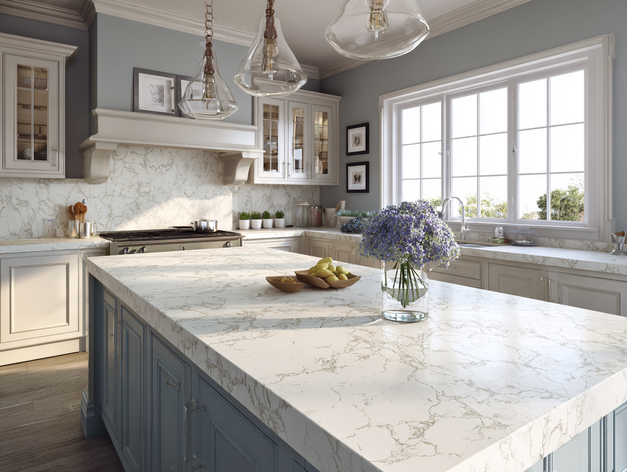 Calacattaâlook quartz countertops on a large kitchen island with full quartz backsplash and white cabinetry.