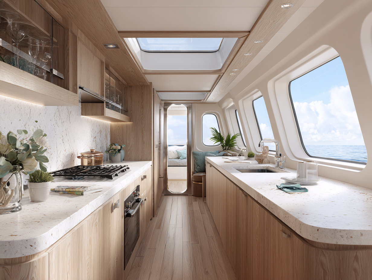 Luxury yacht kitchen featuring polished white quartz countertops, light wood cabinetry, modern appliances, and large windows with ocean views.