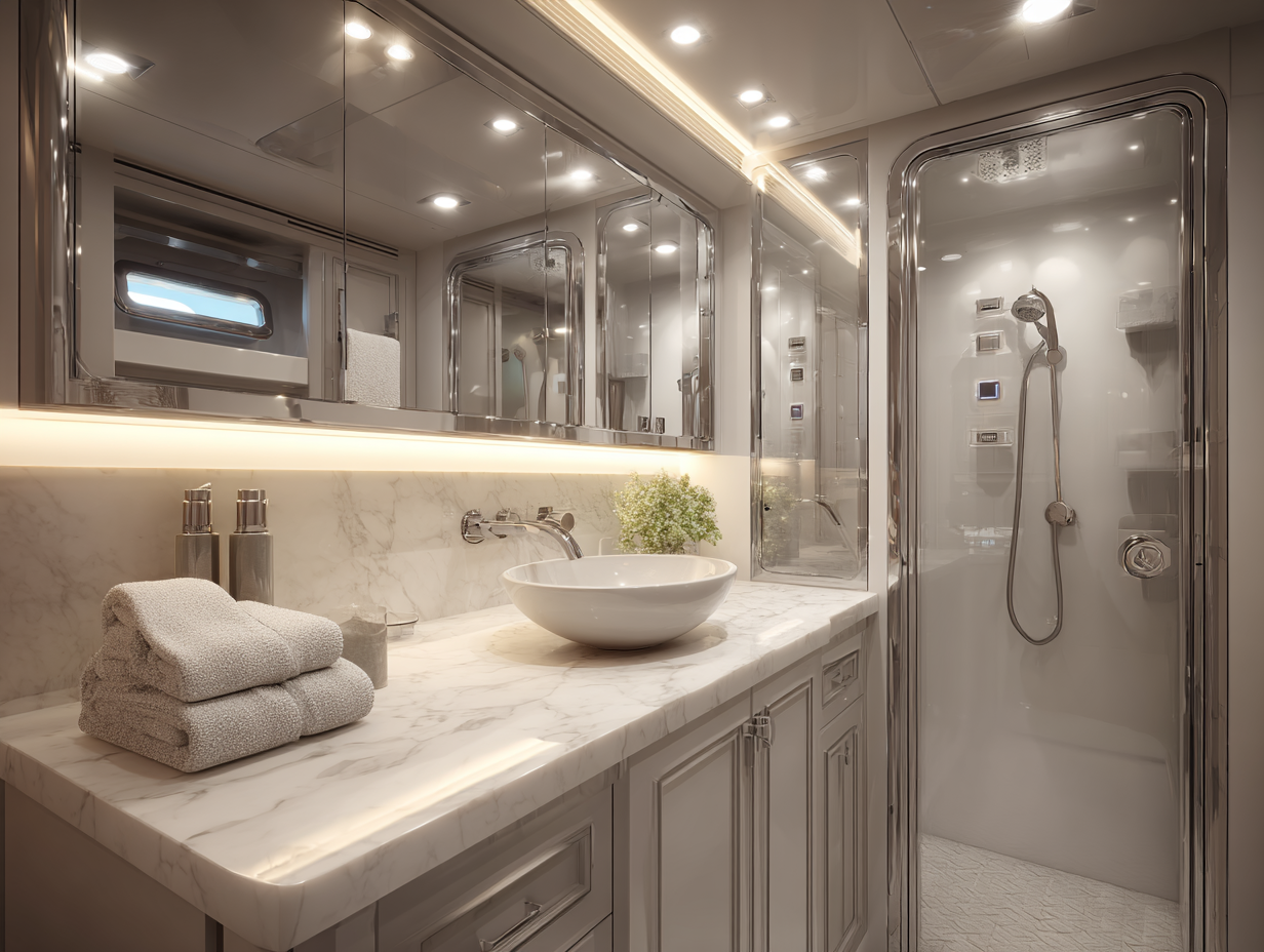 Modern yacht bathroom with a polished white quartz vanity, vessel sink, glass shower, and ambient LED lighting.