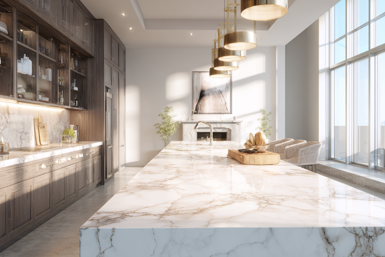 Elegant kitchen design featuring a statement marble island and gold lighting fixtures Luxurious kitchen interior with large marble island and modern gold pendant lights