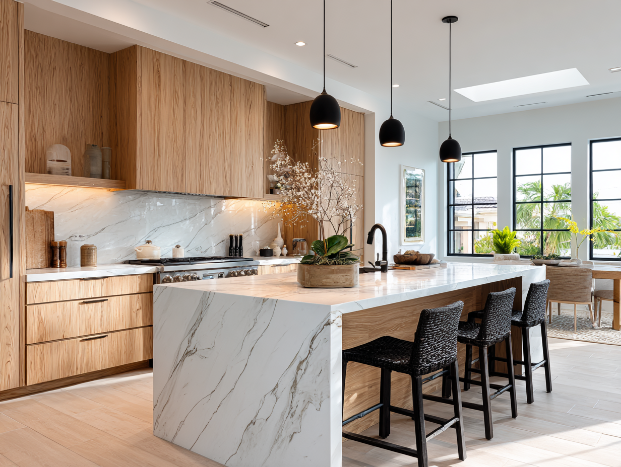 Spacious coastal kitchen featuring Calacatta‑style quartz countertops, jumbo island, and continuous slab backsplash with abundant natural light.