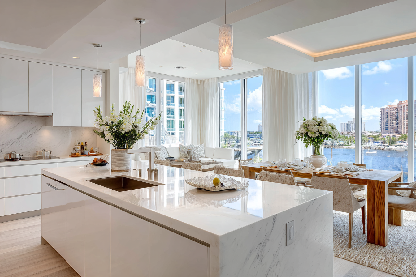 Fort Lauderdale indoor quartz kitchen with flowers and veining quartz overlooking miami.