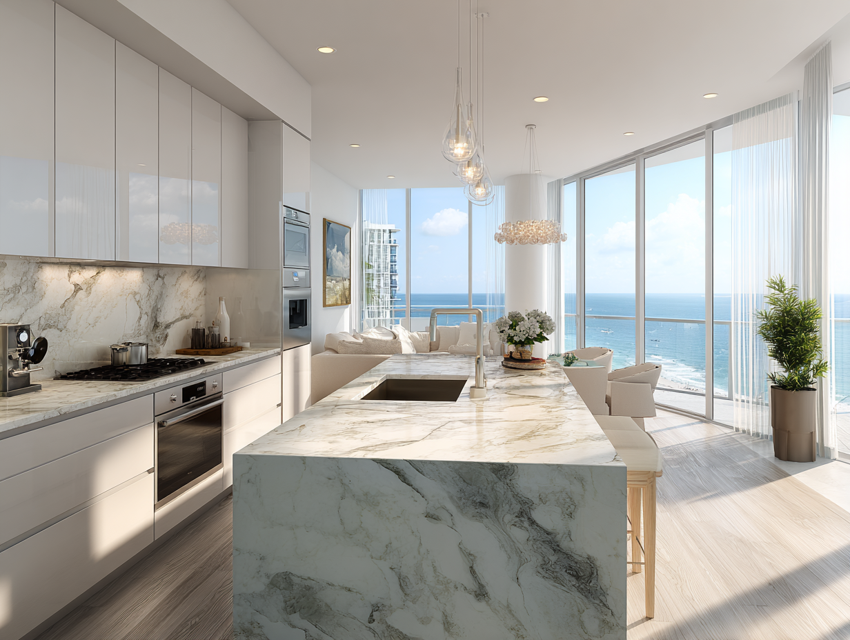 Oceanfront South Florida condo kitchen with marbleâlook quartz waterfall island and backsplash, ideal for highârise installations.