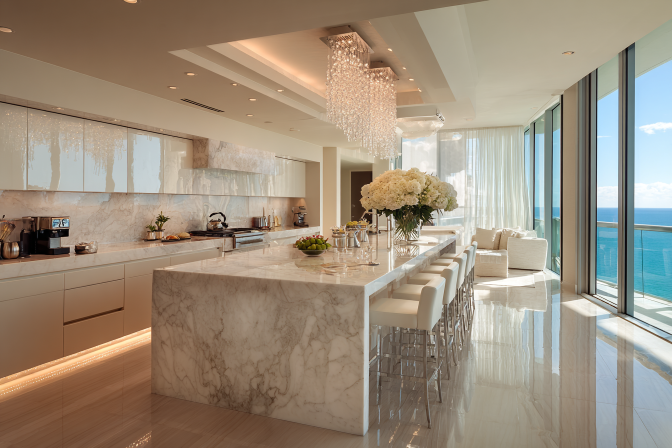 Luxury Miami kitchen with a white quartz waterfall island and modern cabinetry.