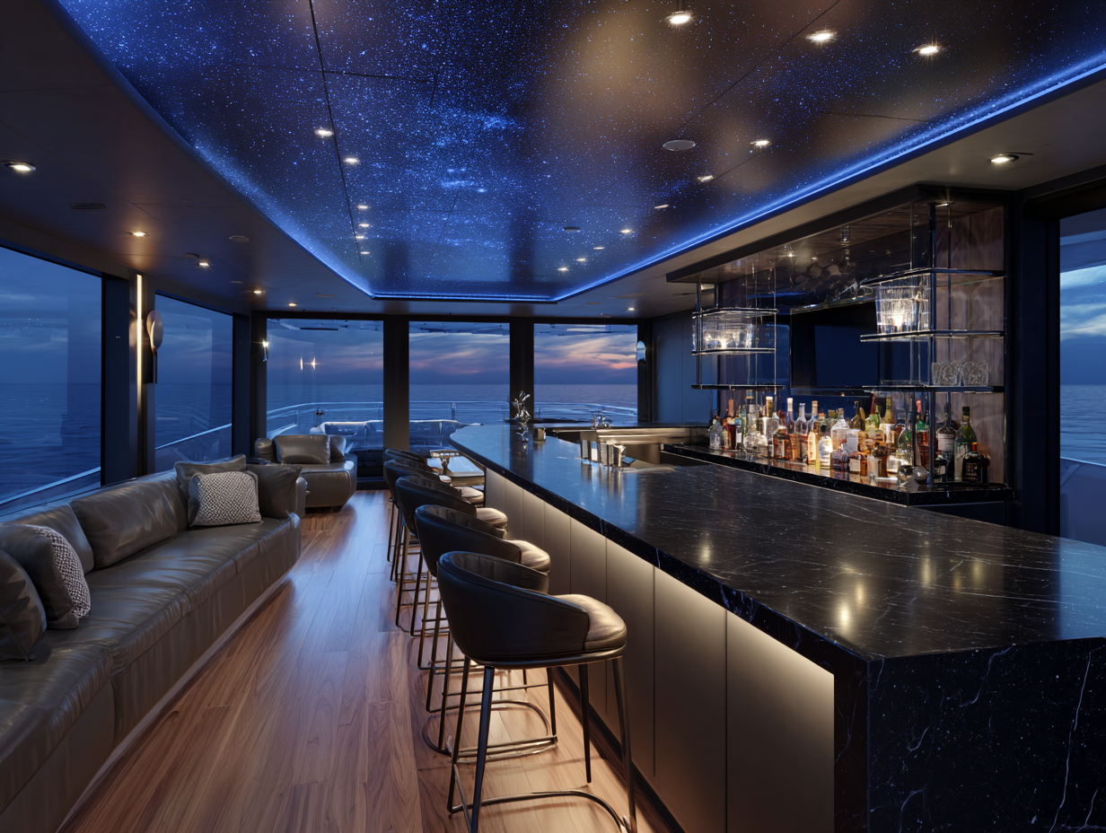 Upscale yacht lounge bar with a sleek black quartz countertop, ambient LED lighting, leather seating, and panoramic sea views at dusk.