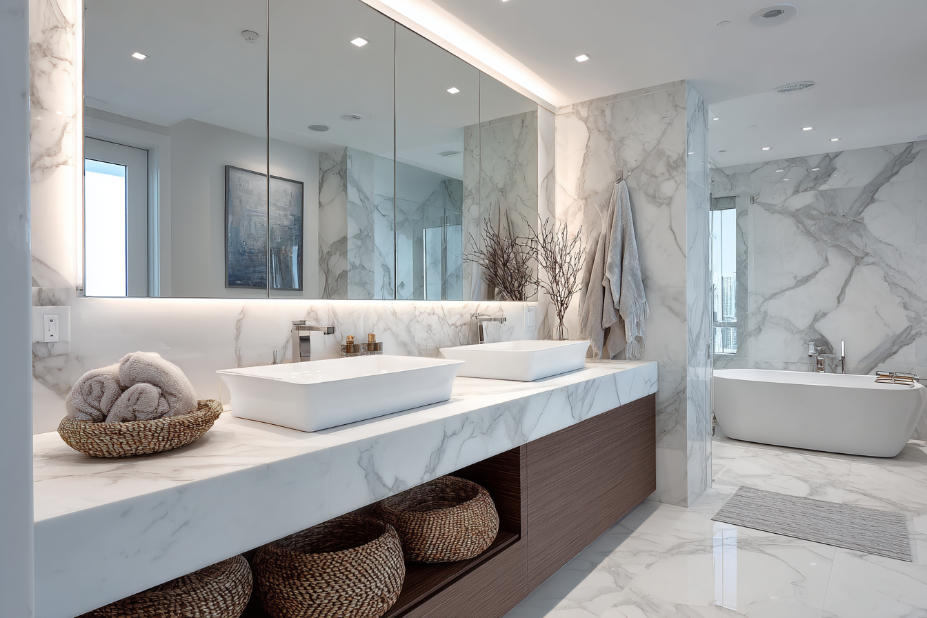 Elegant bathroom with marble vanity & tub Stylish bathroom with freestanding tub, marble countertop and a large mirror