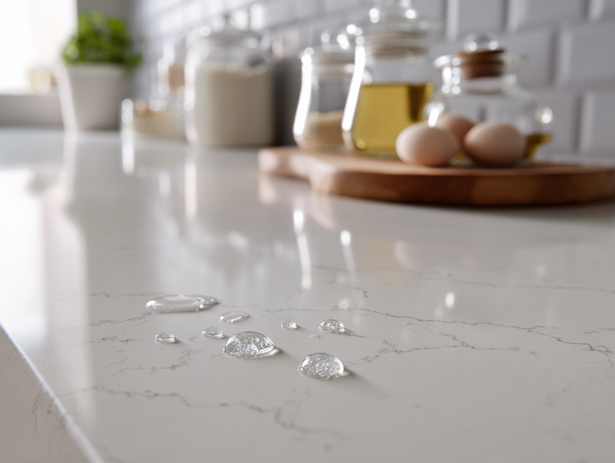 Closeâup of nonâporous quartz countertop with water droplets demonstrating stain resistance.