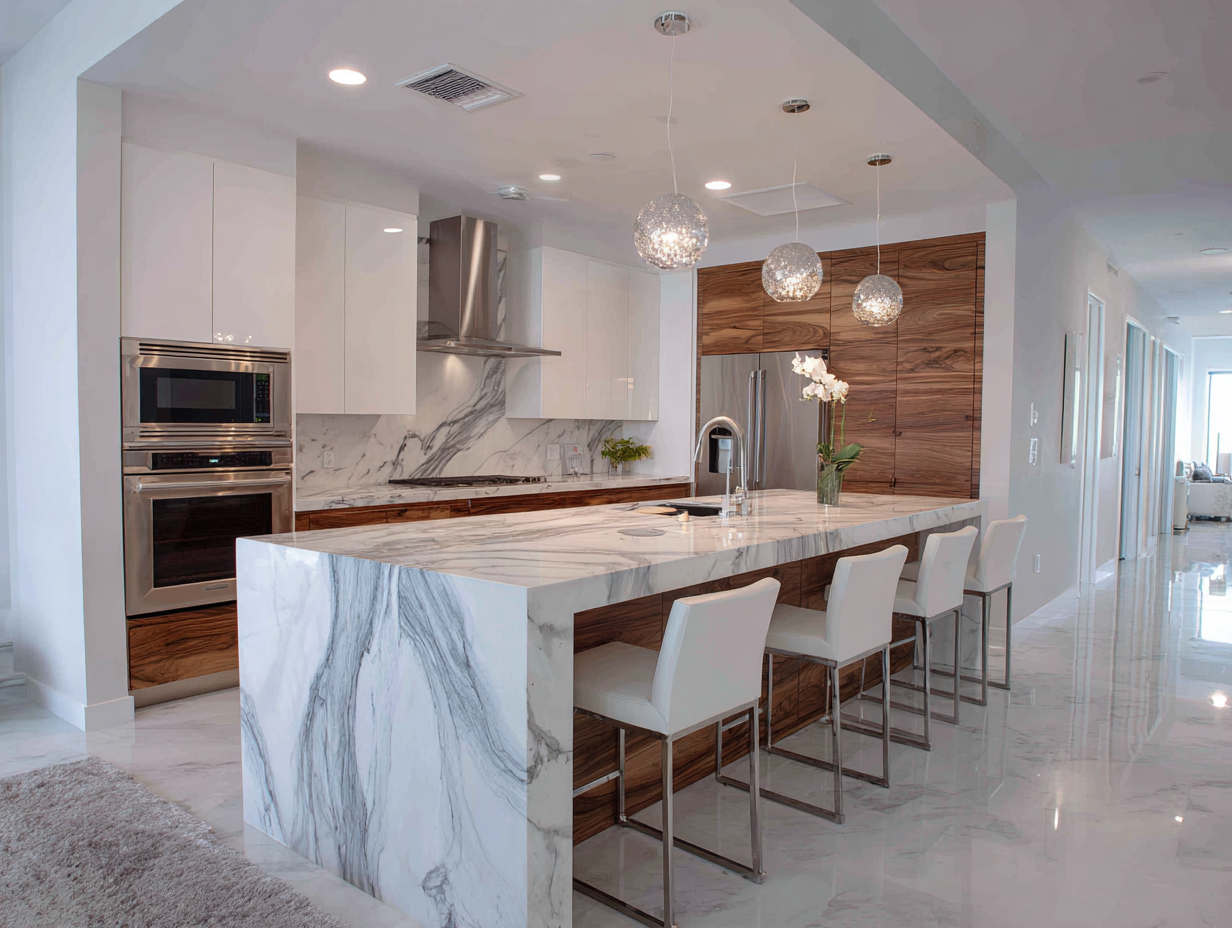 Luxurious modern kitchen in Boca Raton featuring a striking white quartz waterfall island with dramatic grey veining, sleek white cabinetry, stainless steel appliances, wood accent panels, and globe pendant lighting, set against a polished marble floor.
