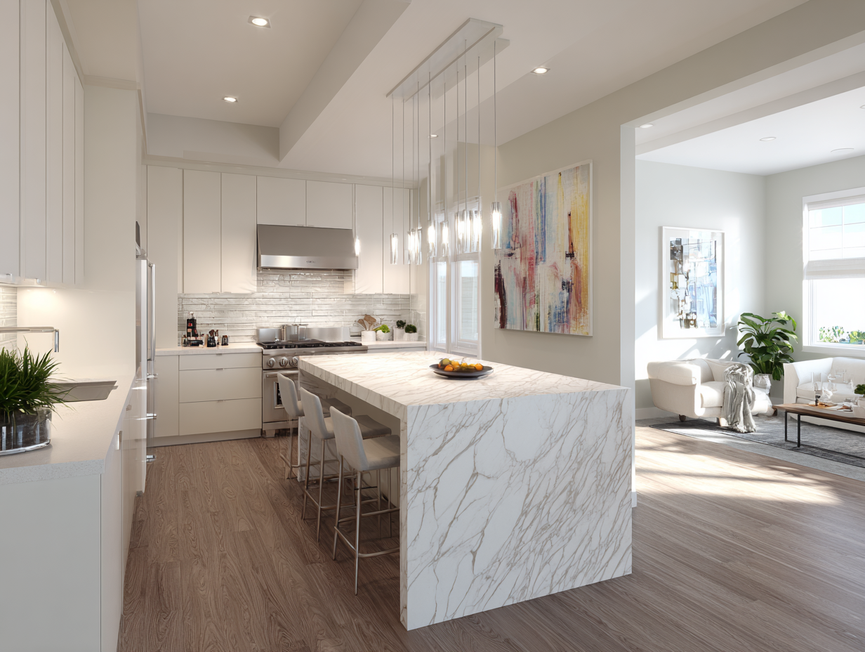 Modern kitchen with quartz waterfall island, white cabinetry, bar stools and pendant lighting.