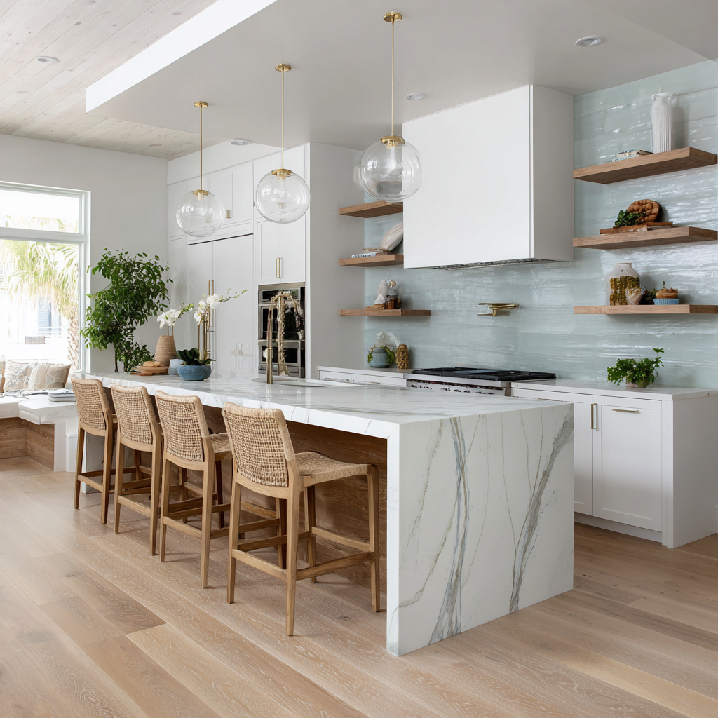 White quartz countertop with gray veining with wooden chairs and white cabinets and teal colored tile