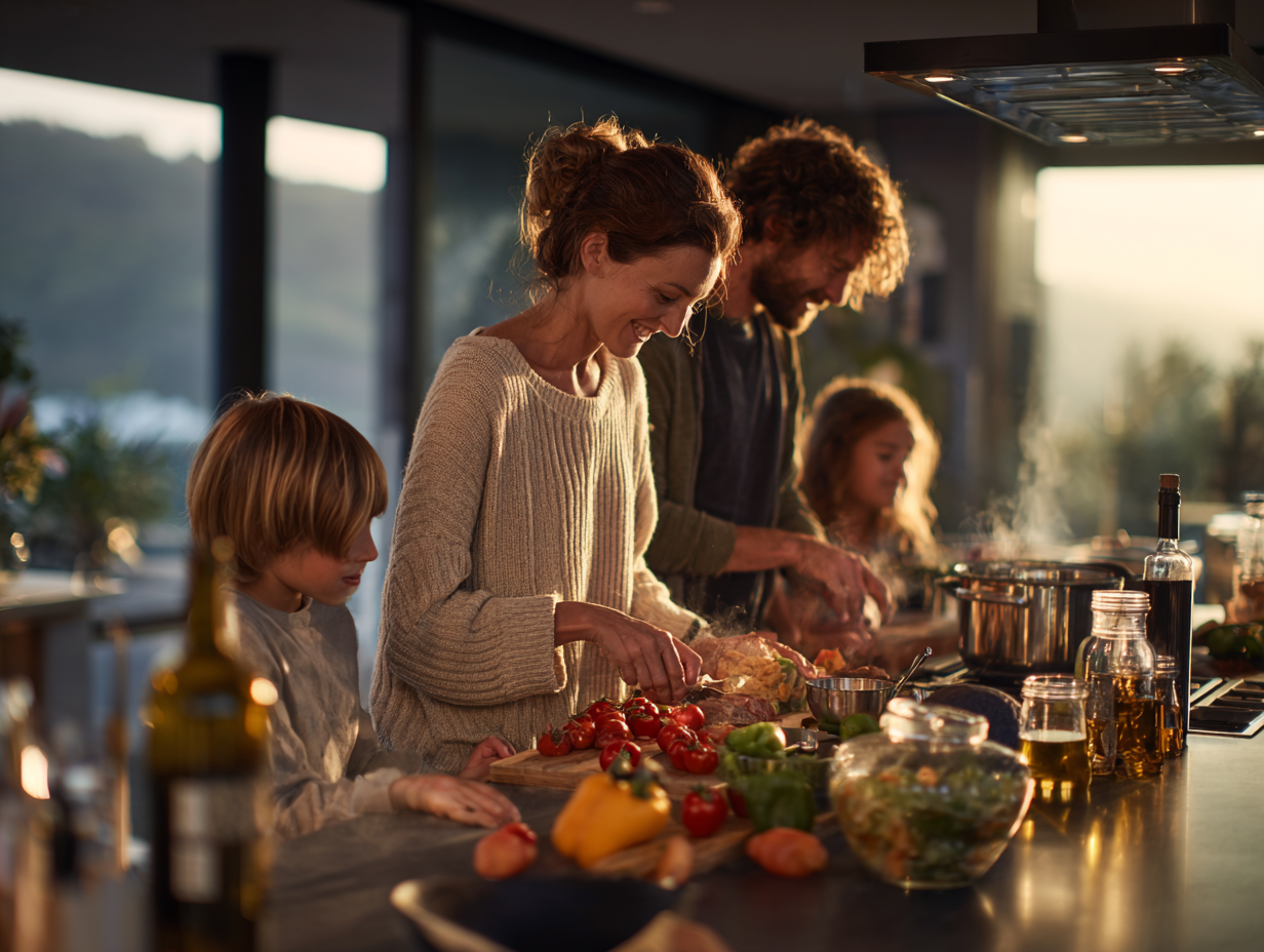 Family preparing dinner on nonâporous, lowâmaintenance quartz countertops that resist stainsâideal for busy South Florida kitchens.