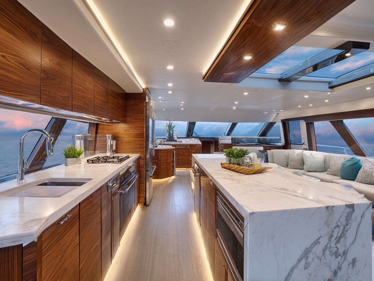 Elegant yacht galley featuring white quartz countertops, natural wood finishes, stainless steel appliances, and floor-to-ceiling windows overlooking the ocean.