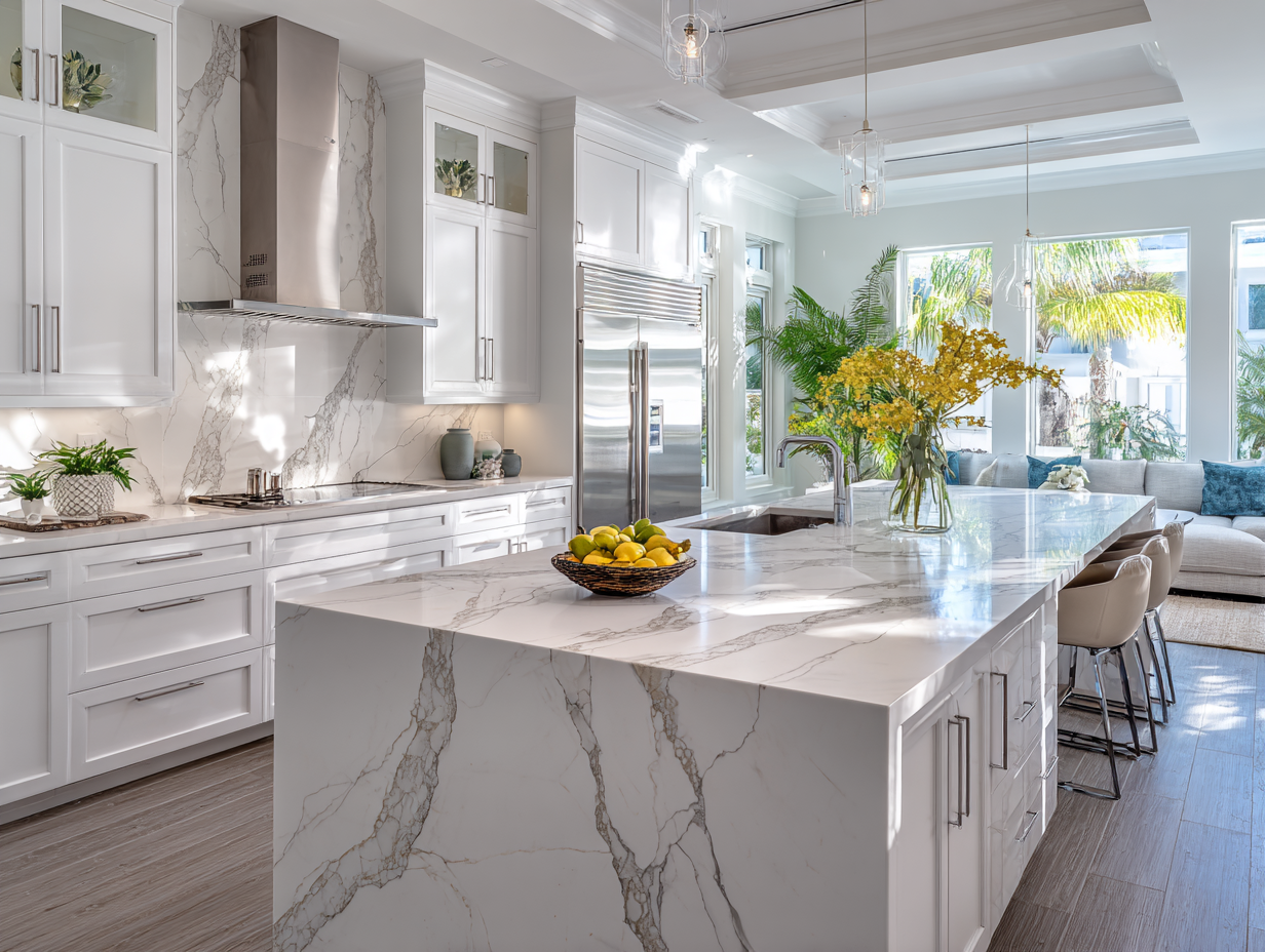 Spacious coastal kitchen featuring Calacattaâstyle quartz countertops, jumbo island, and continuous slab backsplash with abundant natural light.