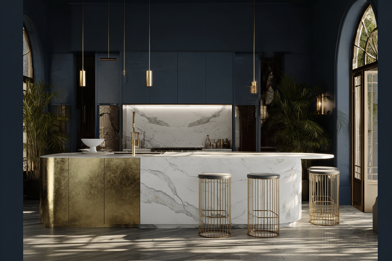 Luxury kitchen with gold cabinets & quartz surfaces Elegant kitchen featuring golden cabinets, quartz countertops and pendant lighting