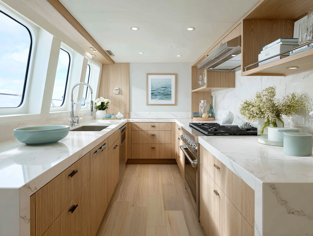 Contemporary yacht kitchen with white quartz countertops, light wood cabinetry, skylights, and panoramic sea views.