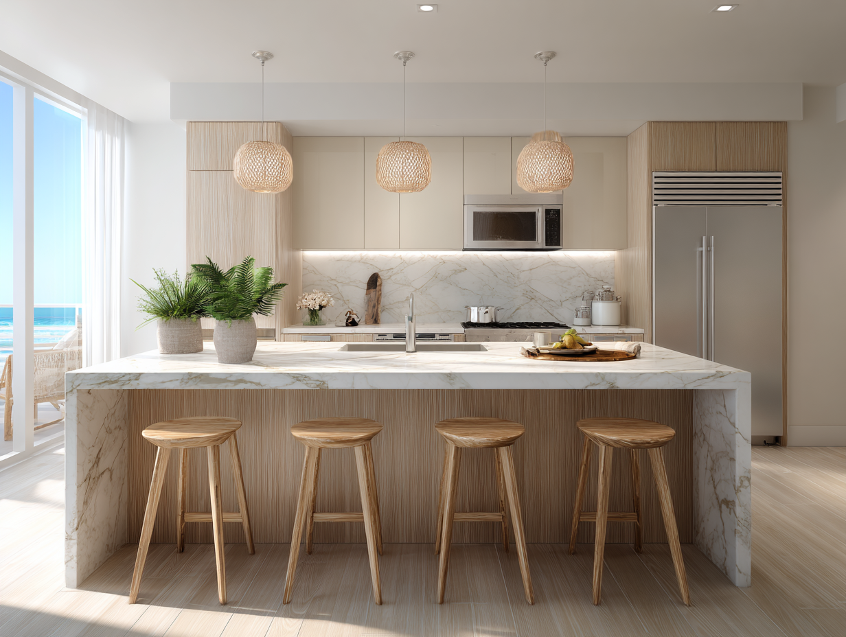 Calacattaâlook quartz countertops with waterfall edge and fullâheight slab backsplash in a bright South Florida luxury kitchen.