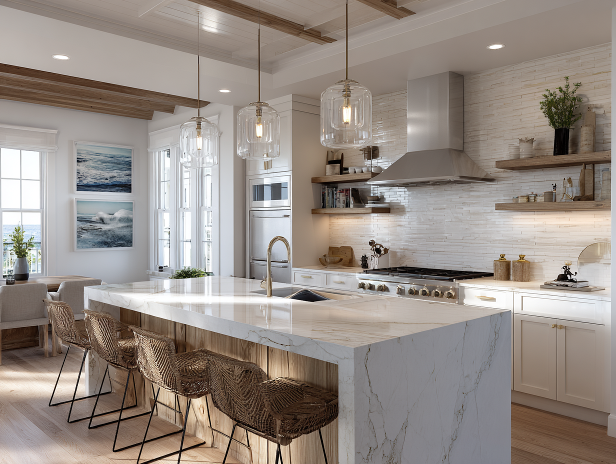 Light, airy coastal kitchen with large quartz waterfallâedge island and eased edgesâtimeless look for South Florida homes.