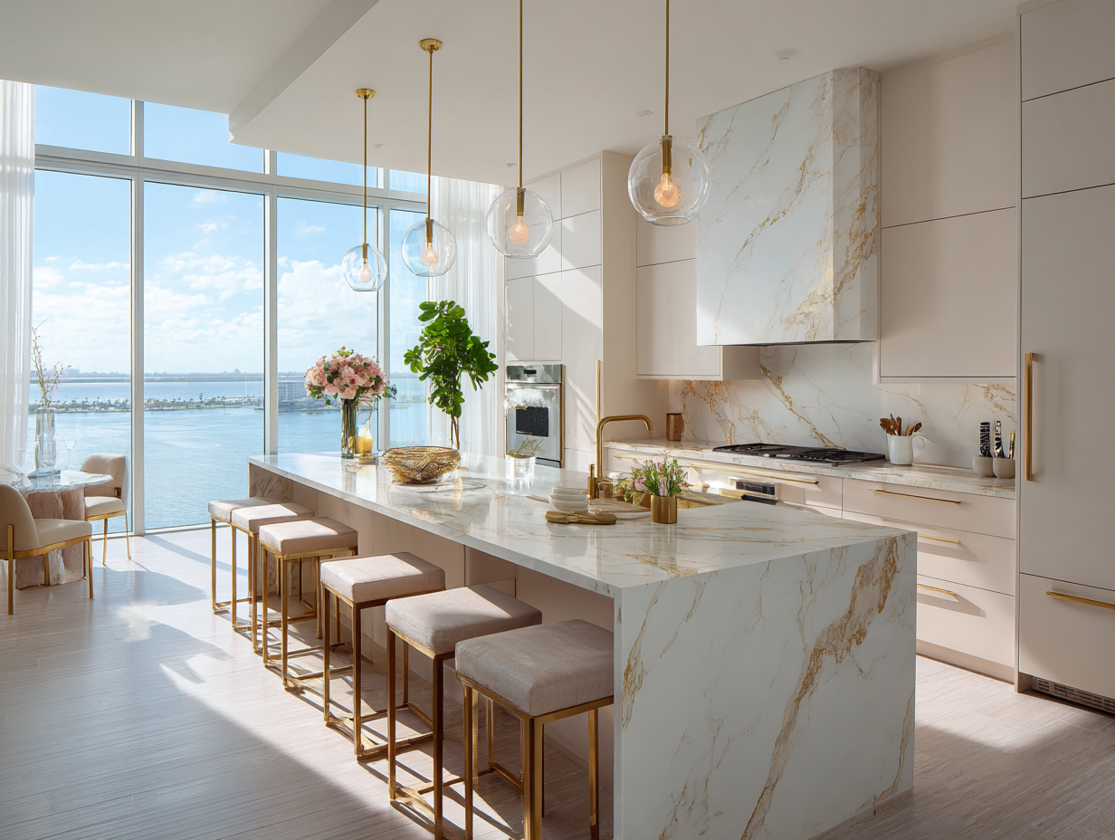 Luxury Miami condo kitchen with Calacattaâgold quartz waterfall island and full backsplash overlooking the bay.