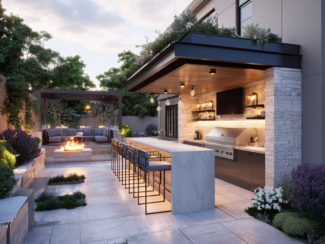 ultra-realistic interior, South Florida luxury kitchen, bright natural light, white marble-look quartz waterfall island, matte black fixtures, warm oak cabinets, subtle coastal decor, 35mm photography, soft shadows, editorial lighting, high-end styling