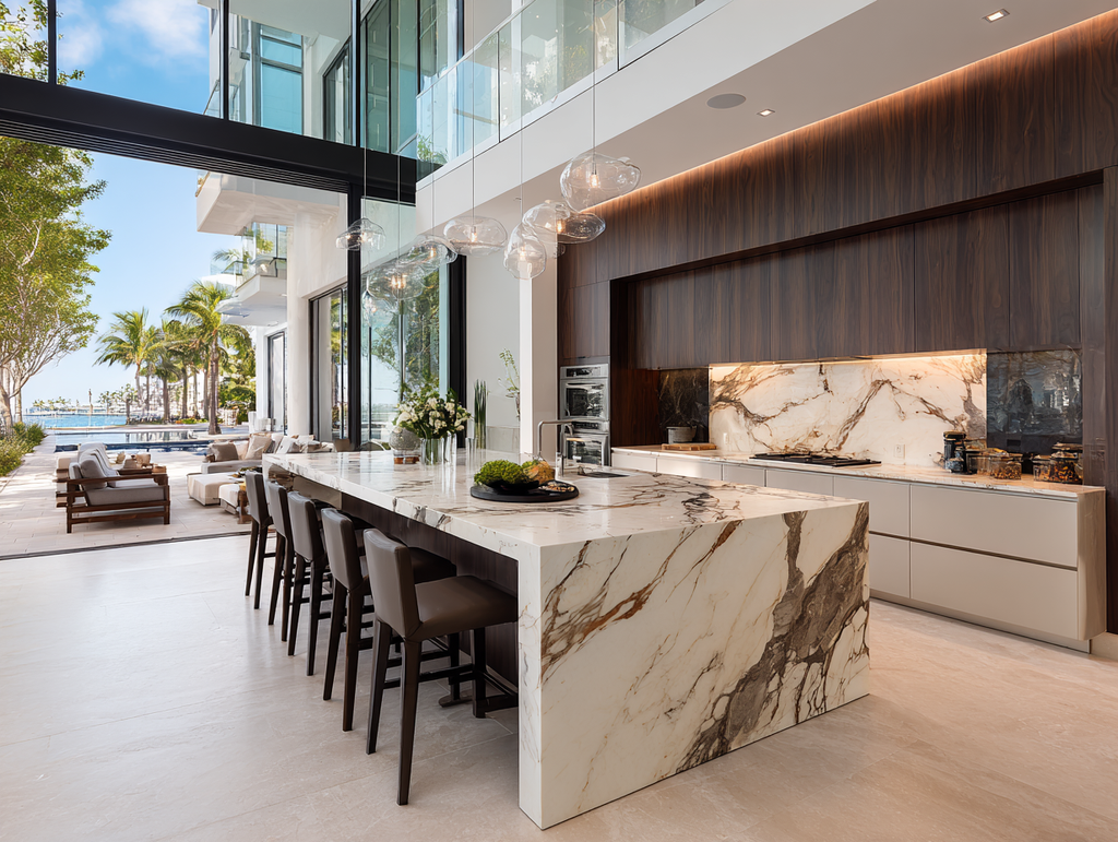 Open-concept luxury kitchen in South Florida featuring a dramatic quartz waterfall island, floor-to-ceiling windows, and tropical outdoor living space.
