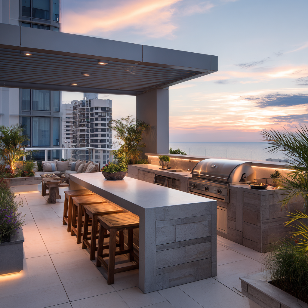 South Florida condo rooftop outdoor kitchen with L-shaped grey quartz countertop, built-in grill, bar seating, and ocean views.