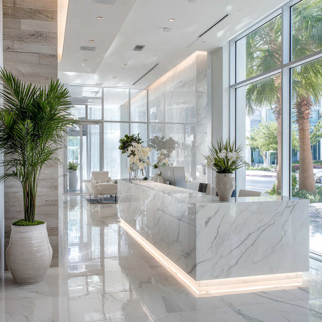 Contemporary South Florida medical office reception area featuring a curved white quartz countertop, LED lighting, and pastel accent walls.