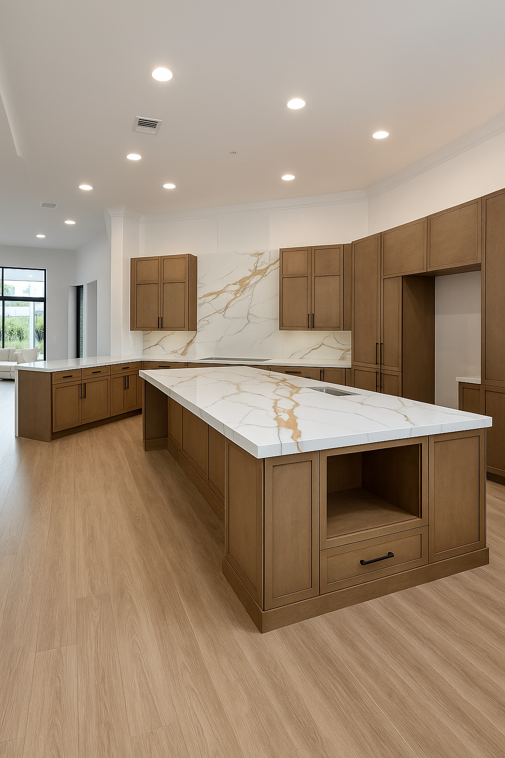 Spacious kitchen featuring a bold white quartz island with golden veining, complemented by warm natural wood cabinetry and full-height quartz backsplash.