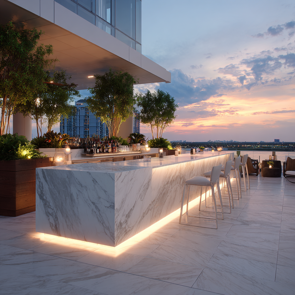 Elegant South Florida rooftop bar at sunset featuring a polished quartz counter, high-top seating, LED lighting, tropical plants, and panoramic ocean and city skyline views.