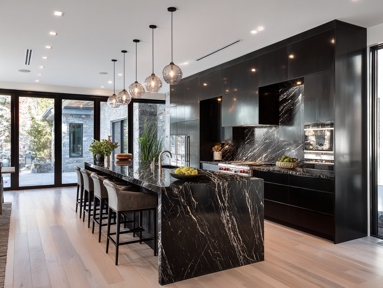Modern luxury kitchen featuring a polished black Onyx waterfall island with bold veining, pendant lights, and sleek cabinetry.
