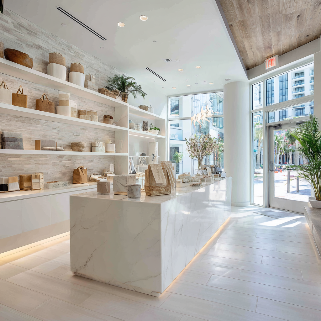 Trendy South Florida retail store with a white quartz checkout counter featuring a waterfall edge design, tropical decor, and bright natural light.