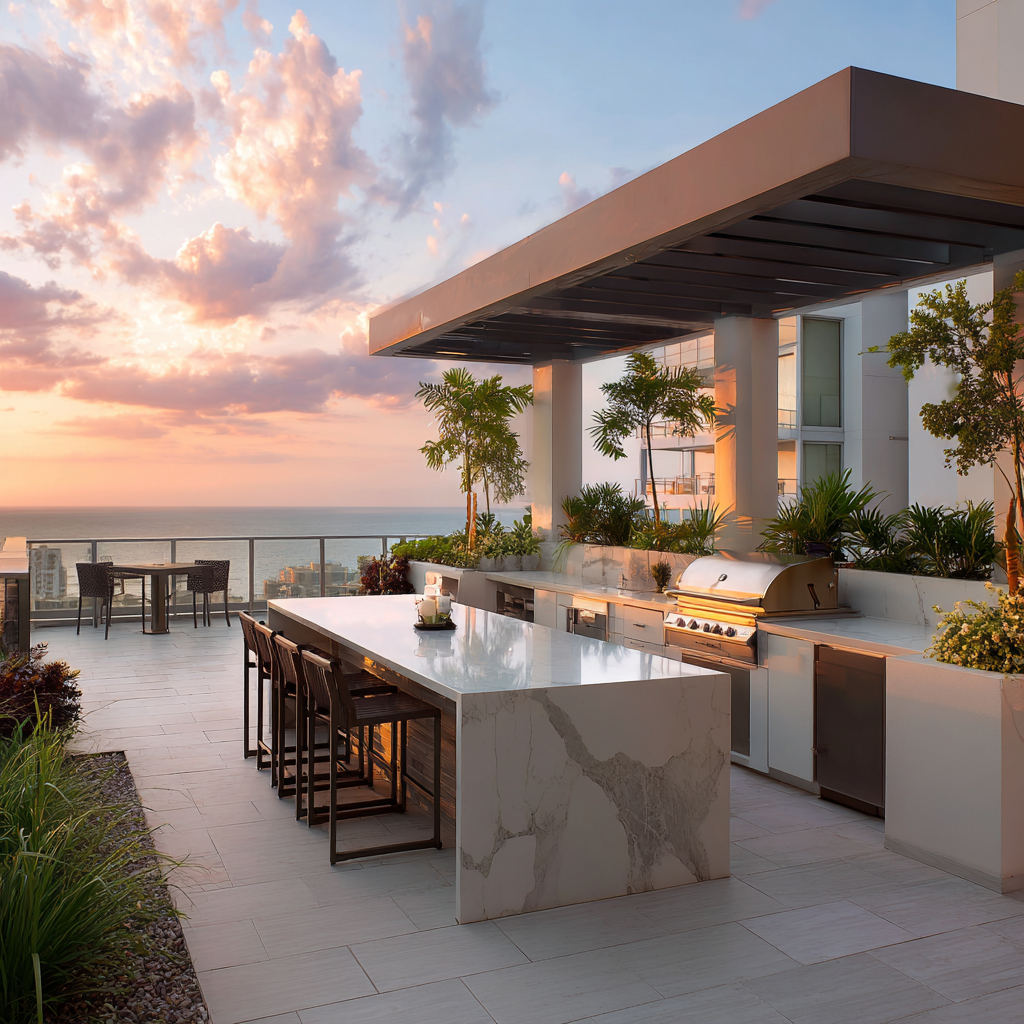 Elegant South Florida rooftop bar at twilight featuring a polished white quartz L-shaped counter with waterfall edge, LED lighting, modern bar stools, and panoramic ocean and skyline views.