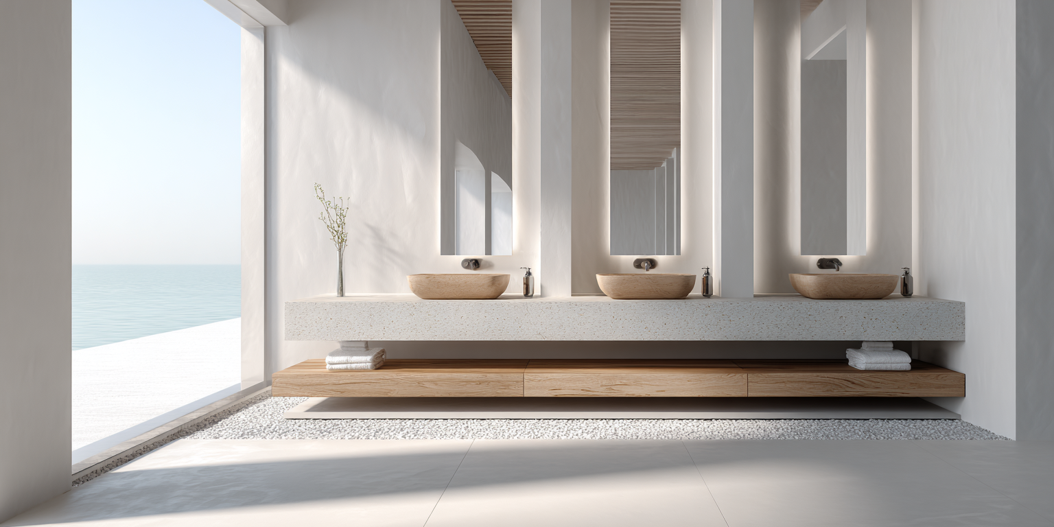 Modern bathroom vanity with double vessel sinks, wood and quartz surfaces, and a panoramic ocean view