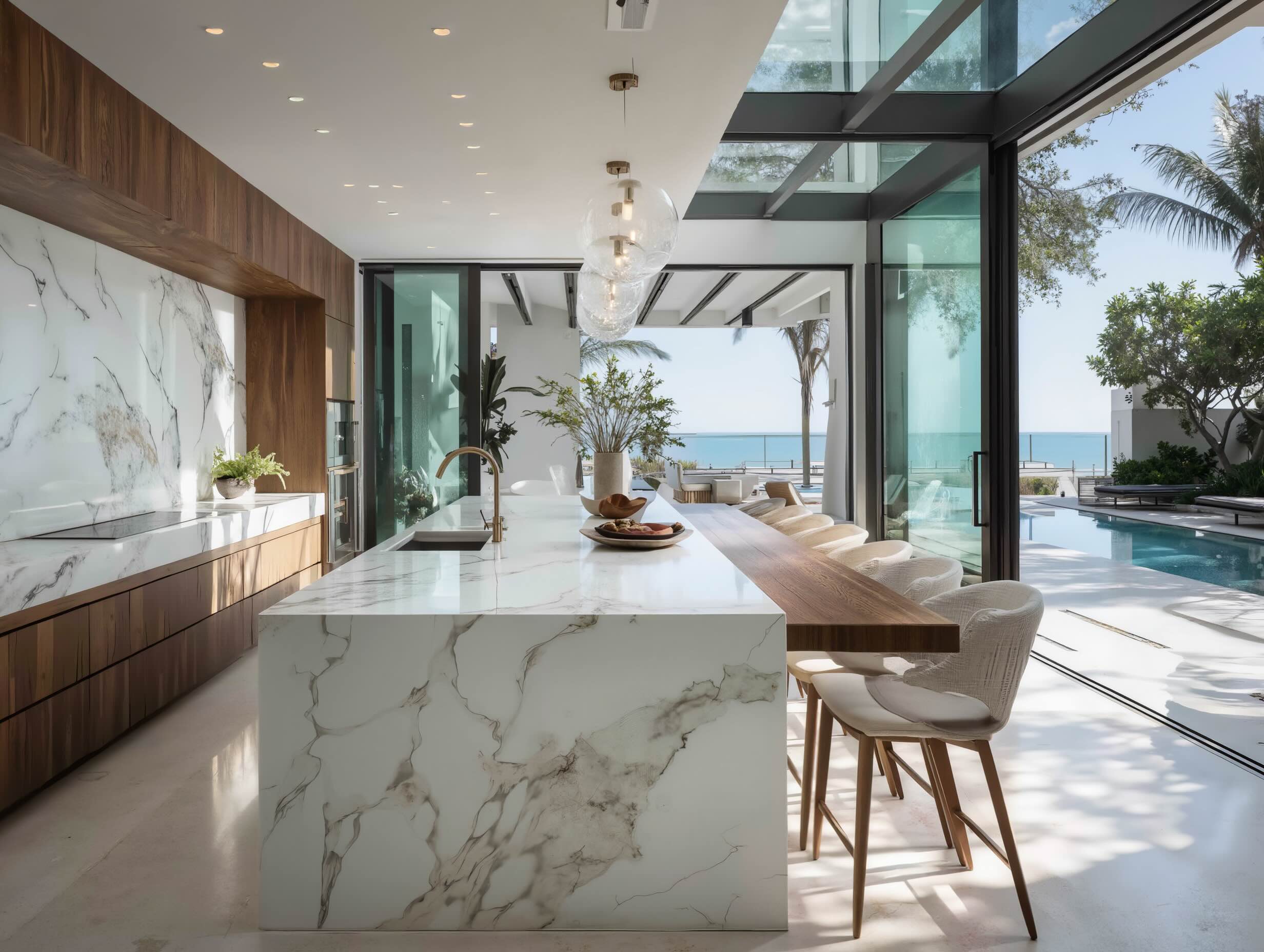 A south florida home overlooking a pool.  White Quartz countertops and flowers with light fixtures and oak cabinets.