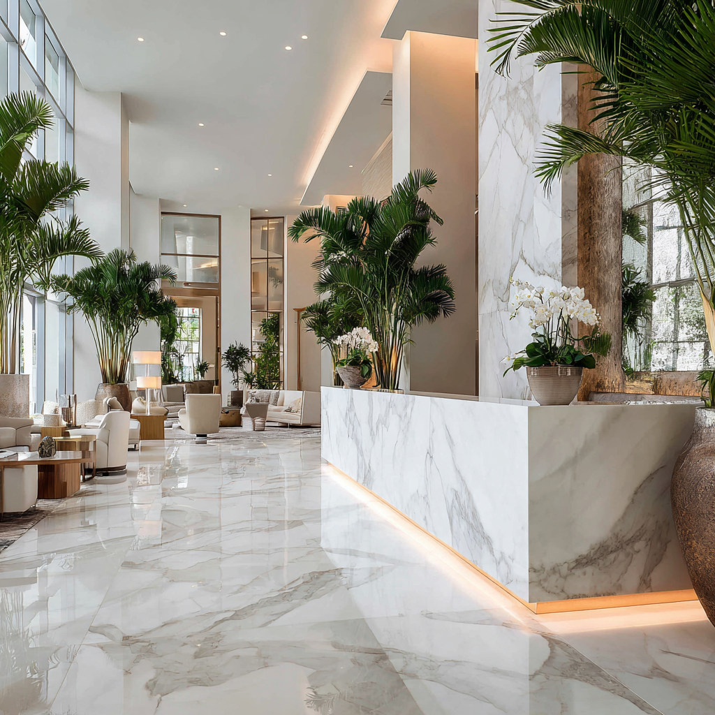 Minimalist South Florida hotel lobby with a sleek grey quartz reception counter, LED lighting, and modern lounge chairs.