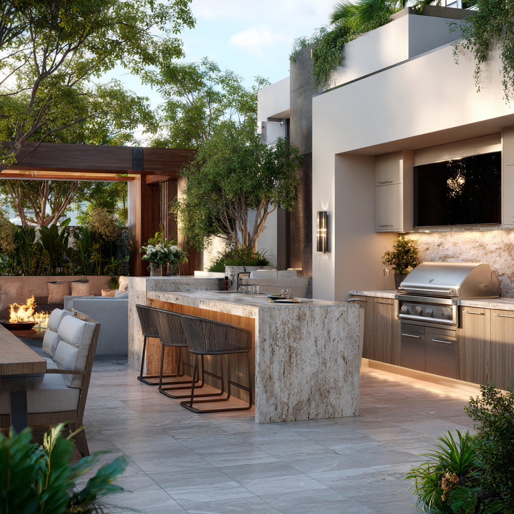 Luxurious modern kitchen with floor-to-ceiling windows overlooking the ocean, featuring sleek white cabinetry, a large marble island with waterfall edges, matching marble backsplash, built-in stovetop, and polished stone floors. The space extends into a dining area with tropical plants.