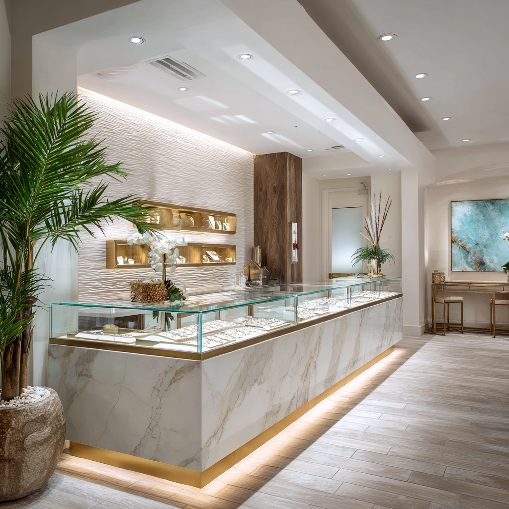 Trendy South Florida retail store with a white quartz checkout counter featuring a waterfall edge design, tropical decor, and bright natural light.