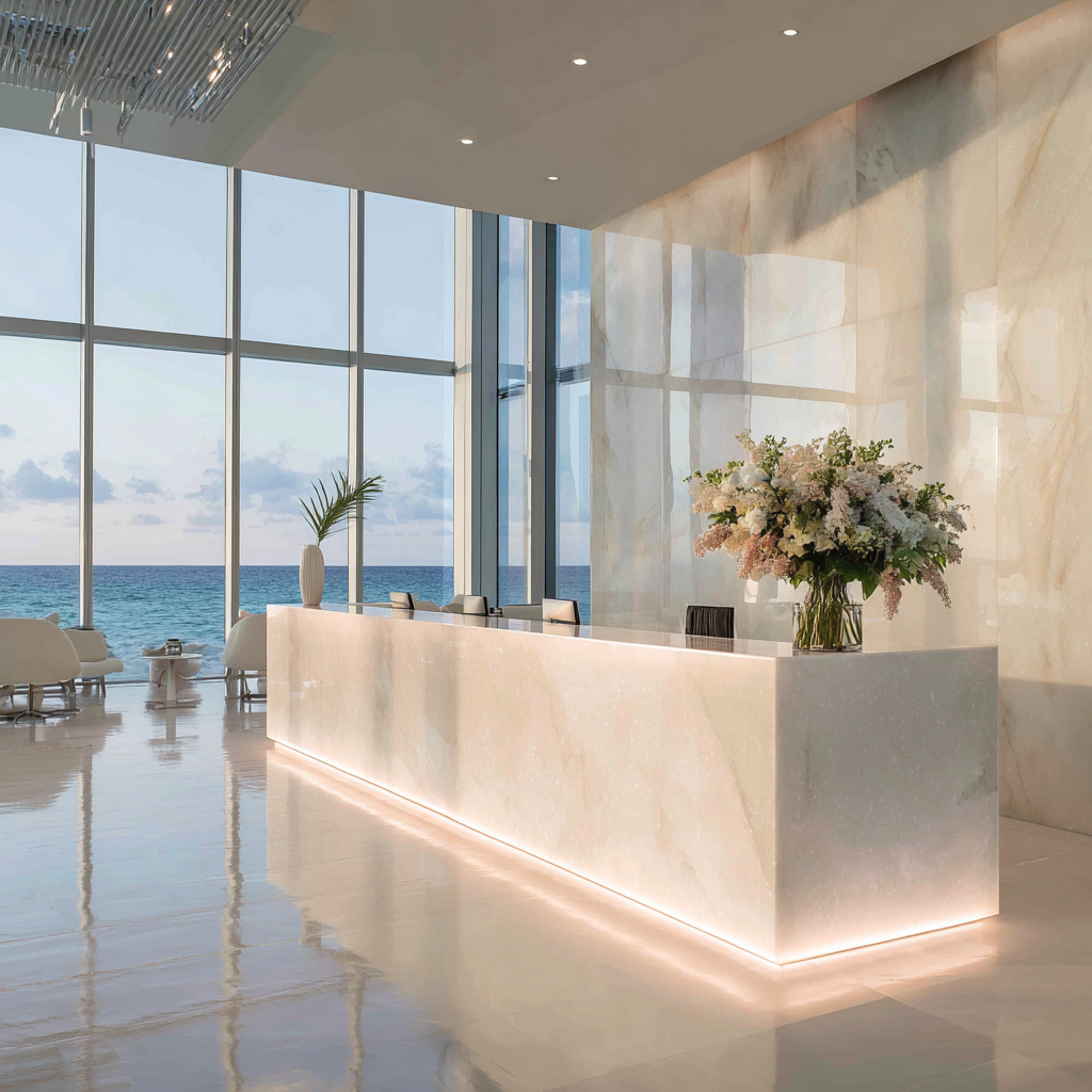 Modern South Florida medical office reception featuring a polished white quartz desk with a waterfall edge, coastal color palette, LED lighting, and tropical accents.