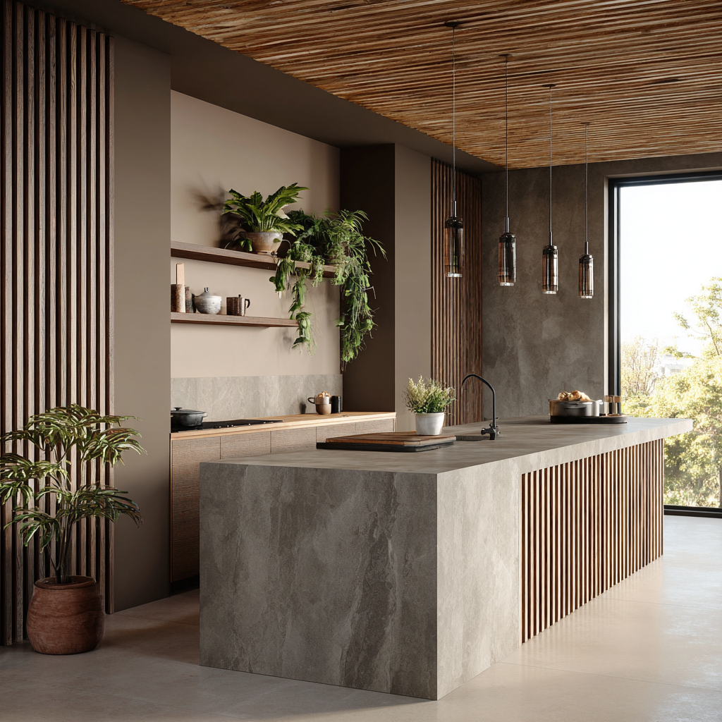 Warm organic modern kitchen with taupe cabinetry, clay‑toned walls, wood slat accents and neutral quartz surfaces