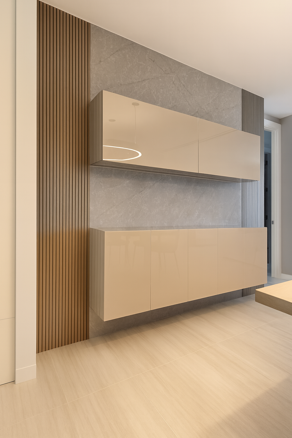 Modern wall cabinetry with glossy beige floating cabinets, quartz backsplash, and wood slat accents for a sleek and minimalist interior design feature.