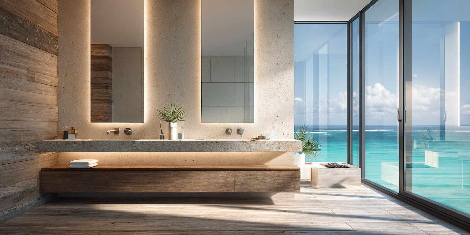 Modern bathroom with floor-to-ceiling windows offering a stunning ocean view, featuring a floating wooden vanity with double sinks, minimalist faucets, large mirrors, and a sleek, natural-toned design that blends natural textures with contemporary style.