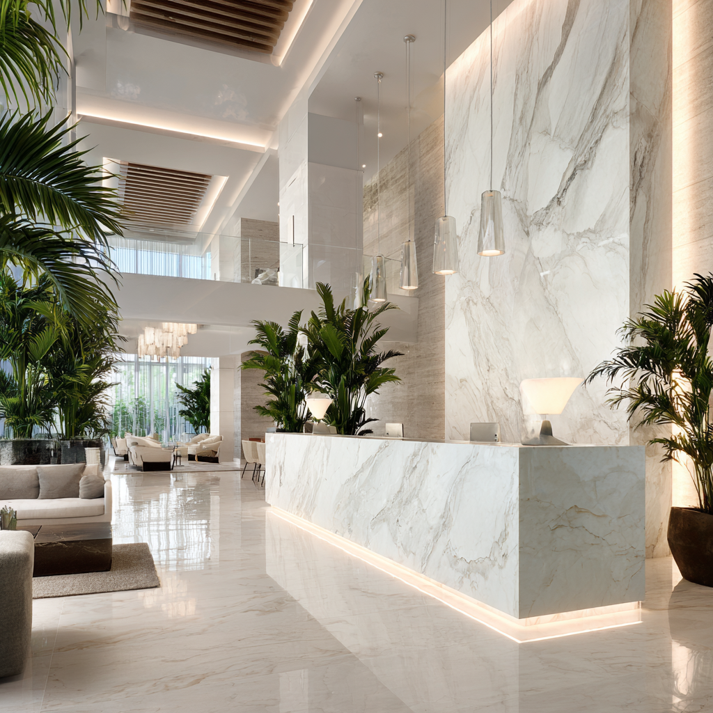 Elegant South Florida hotel lobby with a large white quartz reception desk featuring subtle grey veining, polished finish, tropical plants, and modern seating.