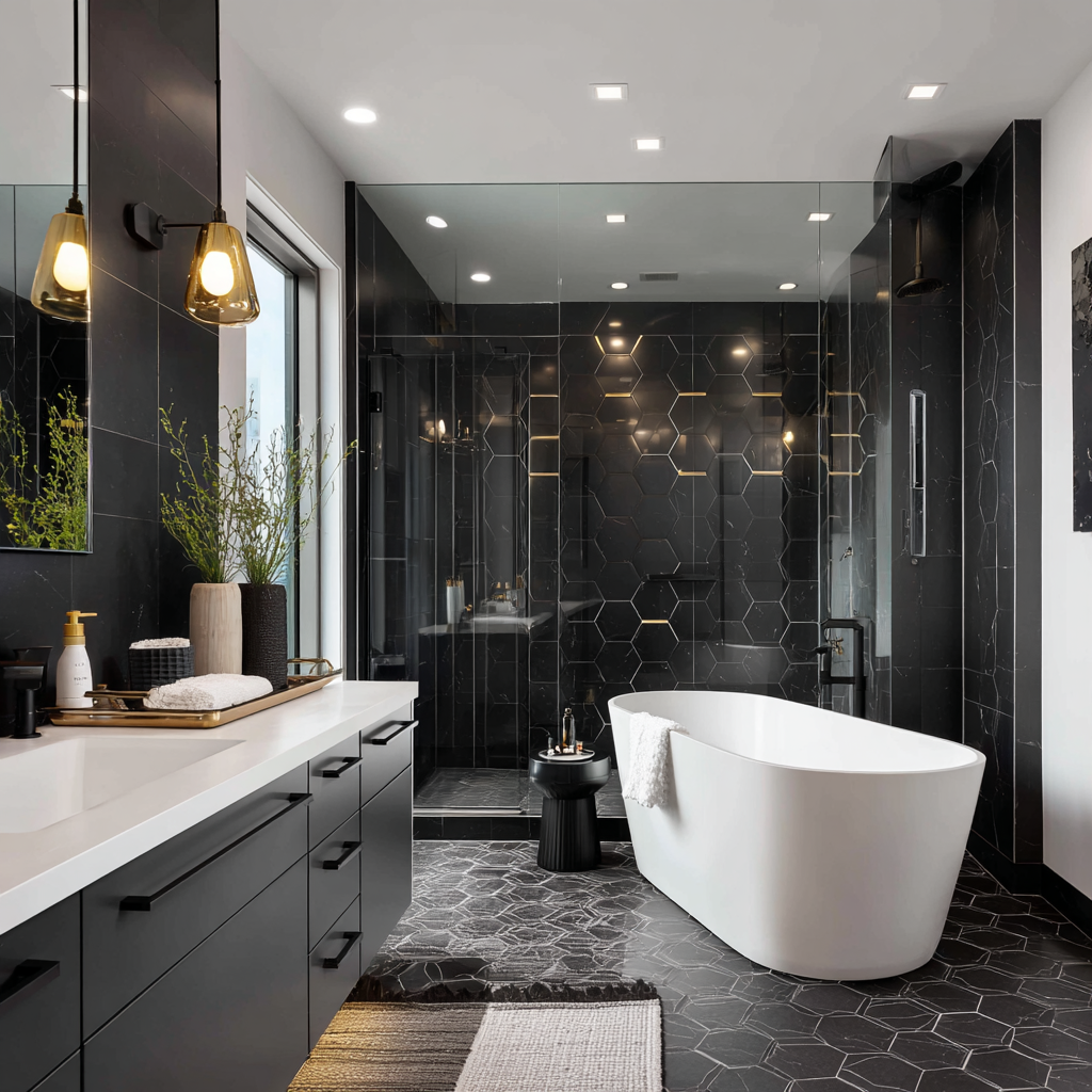 Bold monochrome bathroom with black hexagon tile walls, freestanding tub and glass shower enclosure