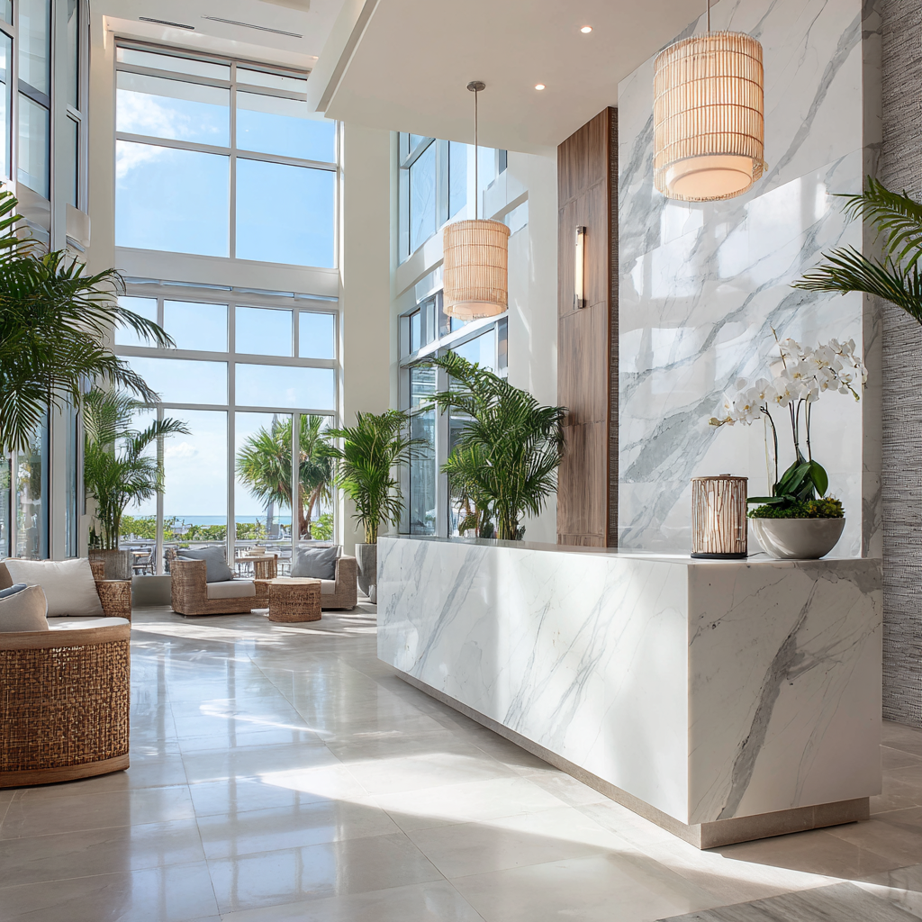 Modern South Florida hotel lobby with a polished white quartz reception desk, tropical plants, rattan seating, and ocean-view windows.