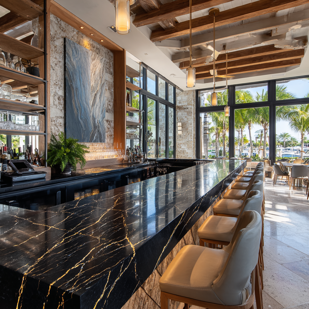 Stylish South Florida restaurant bar with a long black quartz bar top accented by gold veining, under-bar LED lighting, and open-air tropical decor.