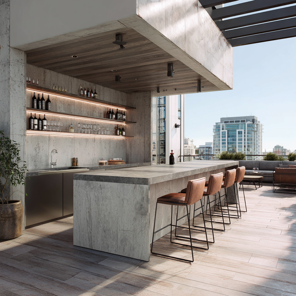 Chic rooftop lounge with charcoal cabinets, LED‑lit quartz bar and panoramic city skyline views