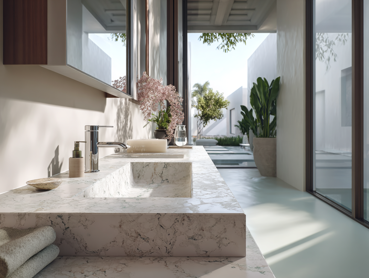Modern luxury bathroom with a sleek quartz countertop featuring an integrated sink, contemporary fixtures, and soft natural light streaming through large windows, surrounded by greenery.